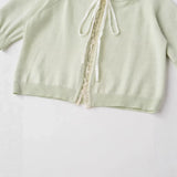 Women's Fashion Short Sleeve Round Neck Bow Lace Knit Solid Color Light Green Lace Trim Front Short Sleeve Knit Casual Top MDTM