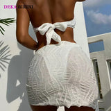 DEKA Love Bandeau Bikini Set Women Tie Side Shiny Ring Metal Hardware High Waisted Solid Ring Swimsuit 3 PCS Swimwear Padde Bra
