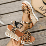 2025 Wedge Heel Leopard Print Sandals Women Fashion Crystal Flowers Thick Bottom Sandalias Mujer Cross Band Platform Sandles 43