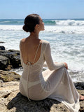 Women Knit Dress See Through Bikini Cover-ups Long Sleeve Crew Neck Backless Long Dresses Club Beach Sexy Swimwear Dresses