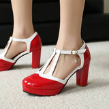 Spring Autumn New Style Fashion High-heeled Women's Shoes Color Block Round Head Shallow Mouth Buckle Square Heel Women's Shoes