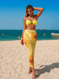 Vintage Yellow Floral Print Bikini Set 2026 Women 3D Flower Pleate Push Up Long Skirt 3 Piece Swimsuit Bathing Suit Swimwear