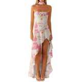 Women Summer Casual Tube Dress Fashion Solid Color/Floral Print High Low Ruffles Long Dresses with Scarf