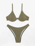 2026 New Women's Underwire Bikini Set,solid Color 2-piece Pit Striped Swimsuit,Fashion Sexy V-neck Bathing Suit with Chest Pad