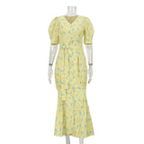 FDYOUI 2026 Summer V-neck Short Sleeve Floral Print Yellow Party Dress Women Single Breasted Lace-up Slim Long Vacation Dresses