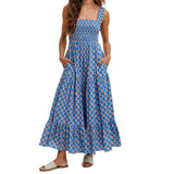 Women Summer Bohemian Floral Print Sundress Smocked Square Neck Sleeveless Backless A-line Long Tiered Ruffle Dress with Pockets
