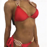5 Colors Sexy Bikini Women Solid Hand-woven Knot Swimwear Swimsuit Female Bandage Halter Beach Bikini Set Bathing Suit Banadores