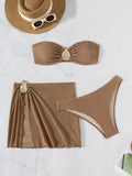 With Skirt Wrinkled Bandeau Bikini Female Swimsuit Women Swimwear Three-pieces Bikini Set Metal Ring Bathing Suit Swim Beachwear