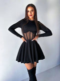 Ahagaga Fashion Solid Women's Mini Dresses A-Line Knitted Sheer Slim Fit Long Sleeves Bodycon O-Neck Party Streetwear Vestidos