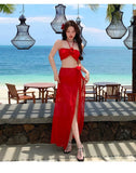 2025 Korean Swimsuit Women Sexy Bikini Red Split Long Skirt Swimsuit Women Halter 3D Flower Push Up Holiday 3 Piece Swimwear
