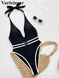 Sexy Deep V Neck Halter With Belt One Piece Swimsuit Women Swimwear Female High Cut Leg Monokini Bather Bathing Suit Swim V7602