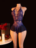 Blue Open Crotch Women Body Suit Crotchless Adult Sexy Erotic Lingerie Pajamas Lace Temptation Sex Bodysuit V-neck Hot Underwear