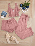 3PCS Pajamas Set for Women Sleepwear Solid Vest Shorts and Pants Paired with Lace Splicing for Homewear Loungewear