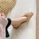 Woven Bow Back Strap Design Sandals Women's Summer New Square Head Shallow Mouth Single Shoe Comfortable Elegant Cool Pumps