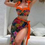 Vintage Black Floral Print Bikini 2026 Women Push Up Underwire Bra High Waist Swimsuit Beach Bathing Suit Skirt 3 Piece Swimwear