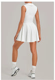 Summer Women Solid Tennis Dresses Sleeveless Turn Down Collar Pleated Skirts with Detachable Pocket Shorts Slim Yoga Golf Dress