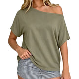 Women Off Shoulder T-shirt Loose Fit Short Sleeve Boat Neck Going Out Tops Casual Summer Shirts Streetwear