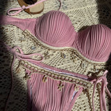 Shell Scalloped Wrinkled Underwired Bra Cup Bikini Female Swimsuit Women Swimwear Two-pieces Bikini Set Push Up Bathing Suit