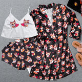 Women's Summer Sexy Pajama Shorts Set 3 Pieces Lace Satin With Silk Sleepwear Robe Fashion And Comfortable Print Nightwear