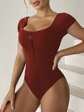 2026 Short Sleeve Swimsuit Women One Piece Solid Swimwear Female Zipper Bathers Bathing Swimming Suit Summer Beachwear Bodysuit