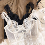 French Sexy Lingerie Set Women Ultra Thin See Through Embroidery Lace Bra & Thong Push Up Underwear Shaping Camisole Set MOYISU