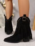 Women Ankle Boots Autumn  Suede Chelsea Boots Pointed Toe Tassel High Heel Shoe Rivet Fashion Retro Cowboy Boots Botas Mujer