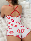 Summer Sleepwear Women Onesies Red Lips Print Strapless Bodysuit Romper Nightgown Shorts Exposed Sexy Pajamas