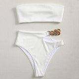 Metal Chain Ribbed Female Bandeau Swimsuit High Waist Bikini Women Swimwear Two-pieces Bikini set Asymmetric Bathing Suit Swim