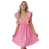 Women Summer Solid Color A-Line Dress Casual Sweetheart V-Neck Flutter Sleeves Mini Dresses for Beach Party Club