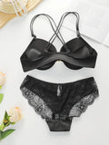 Women's Front Button Back Cross Strap Bra Set Gathering Push Ups Solid Color Lace Sexy Daily Comfort Casual Underwear Set A2159