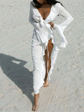 Women's V Neck Ruffled Long Sleeve Dress Chiffon Tunic Beach Cover Up Cover-ups Beach Dress Sunscreen Beachwear Vacation V5976B