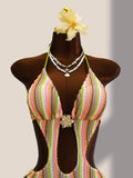 Vintage Black Striped One Piece Swimwear Women 2026 3D Metal Flower Hollow Out Backless Beach Holiday Bathing Suit Swimsuit
