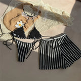 With Shorts Striped Halter Bikini Female Swimsuit Women Swimwear Three-Pieces Bikini Set Padded Bather Bathing Suit Swim V7159