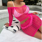 Sexy long-sleeved two-piece set, top and short skirt suit, fishnet lingerie, exotic dancewear and dance costumes.
