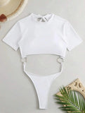 XS - L Mini Micro Thong Short Sleeve One Piece Swimsuit Women Female Swimwear Cut Cut Monokini High Cut Bathing Suit Swim Lady