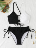 2026 Drawstring Triangle Bikini Women Sexy Color Block Swimwear Female Strappy Swimsuit Bathers Bathing Swimming Swim Suit