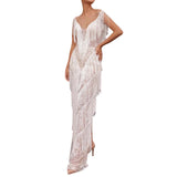 Womens Deep V Midi Fringed Dresses Sleeveless Pencil Party Solid Elegant Sexy Skirt Long Dresses Evening Party Mujer