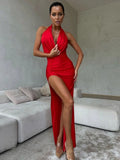 Ahagaga Fashion Sexy Women's Party Dresses Solid Swinging Collar High Split Sleeveless Maxi Slim Folds Blackless Vestidos Robes