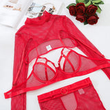 Toucheart Sexy Lingerie Set For Women Hollow Mesh See-through Sexy Temptation Free Underwear Long Sleeves Garters Lingerie Set