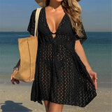 2025 V Neck Short Sleeve Hollow Out Knitted Tunic Beach Cover Up Cover-ups Beach Dress Beach Wear Beachwear Female Women K6535