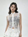 Women's Solid Color Lace Tank Tops Mandarin Collar Sleeveless Frog Buttons Summer Vest