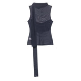 Women's Silk Mesh Scarf Top Women Dark Gray Mesh Halter Neck Sleeveless Top Ruched Front Tie Detail Sheer Casual For Party AFIA