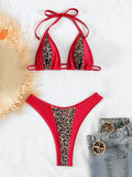2026 New Women's Leopard Patchwork Swimsuit Sexy Backless Lace-up Bikini Swimwear Low Waist Push Up Thong Bathing Suit Beachwear