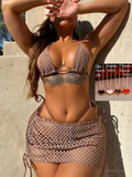 2026 Summer New Sexy Hollow Out Bikini 3 Piece Set Solid Spaghetti Strap Tops + Laced Upunderpants + Skirt Swimwear Swimsuit