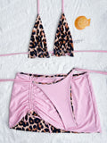 2026 Summer Leopard Print 3 Pieces Suit Swimwear Reversible Sexy Halter Lace-up Bikini Set Drawstring Skirt Cover Up Beachwear