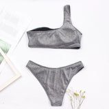 Fashion Single Shoulder Women Bikinis Set Female Shinning High Waist Swimsuit Swimwear Woman Solid Glitter Beach Bathing Suit