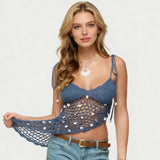 Women Sleeveless Tie Shoulder Strap Asymmetric Hem Camisole Solid Color Crochet Cami Tops Summer Crop Tops