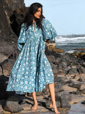 Foridol Lantern Half Sleeve Cyan Bohemian Beach Midi Loose Dress Summer for Women Tie Up Casual Floral Holiday Midi Vestidos