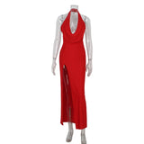 Ahagaga Fashion Sexy Women's Party Dresses Solid Swinging Collar High Split Sleeveless Maxi Slim Folds Blackless Vestidos Robes