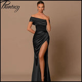 Elegant Satin Solid Color Off-Shoulder Women's Long Dress Sexy High-Waisted Flim Slit Pleated Dress for Lady Party Wedding